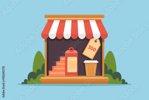 Stylized Storefront Illustration with Price Tag and Coffee Cup on a blue background.