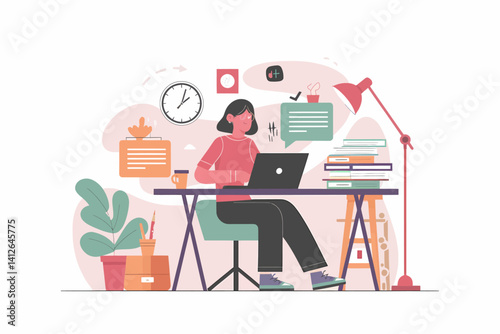 Woman Working at Home Office Desk with Laptop Illustration