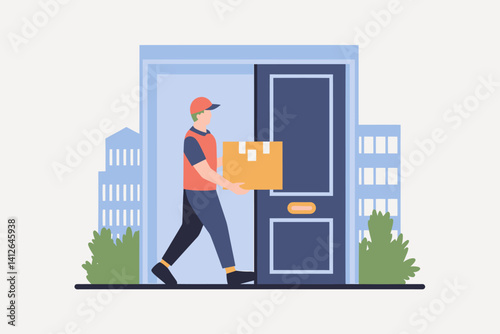 Delivery man delivering package to door, cartoon vector illustration.