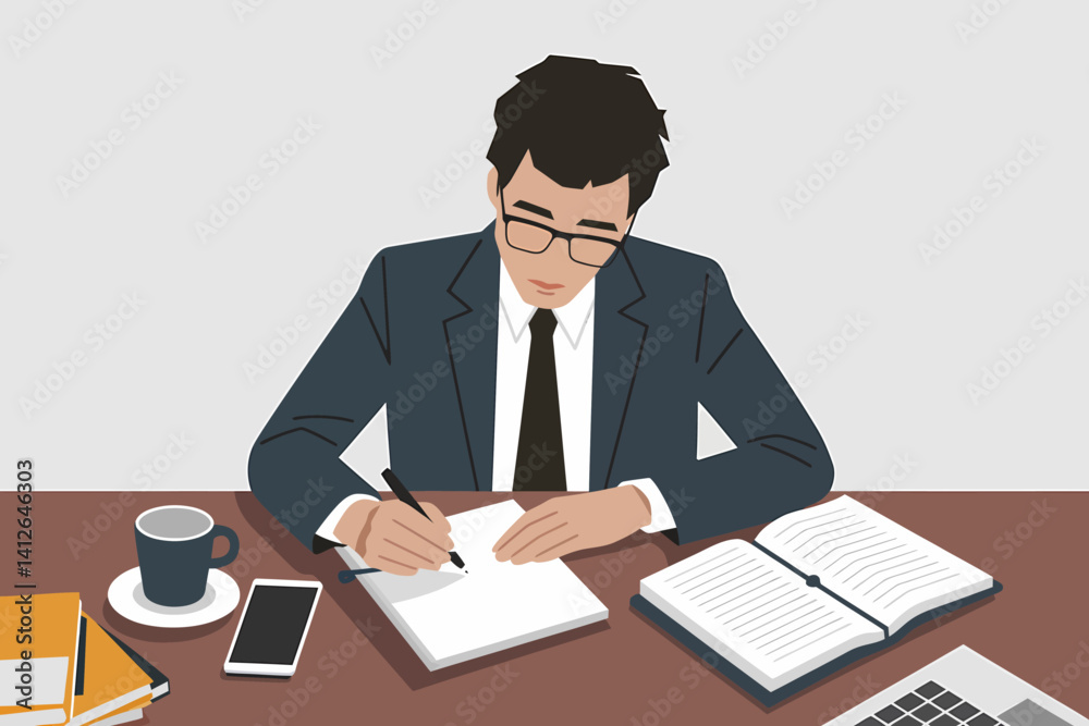 Focused businessman writing document at desk with laptop and phone Focused businessman writing document at desk with laptop and phone