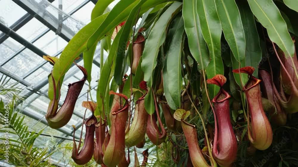 Botanical display showcasing numerous hanging pitcher plants with their carnivorous traps and broad green leaves in a glasshouse environment.
