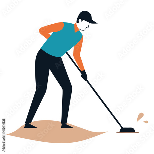 Golf element vector  Vector of a player raking a bunker after a shot, fine sand texture and rake teeth marks rendered with line art precision