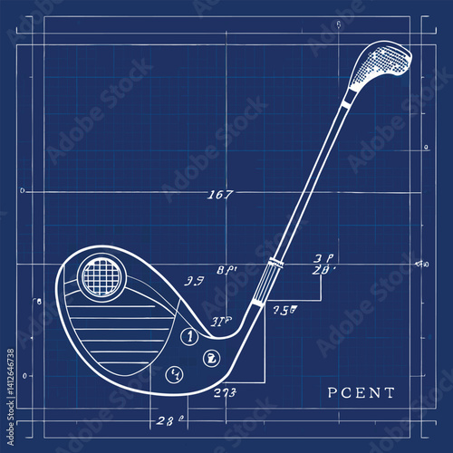 Golf element vector Vintage patent drawing style vector of a golf club, blueprint background with labels and handwritten notes