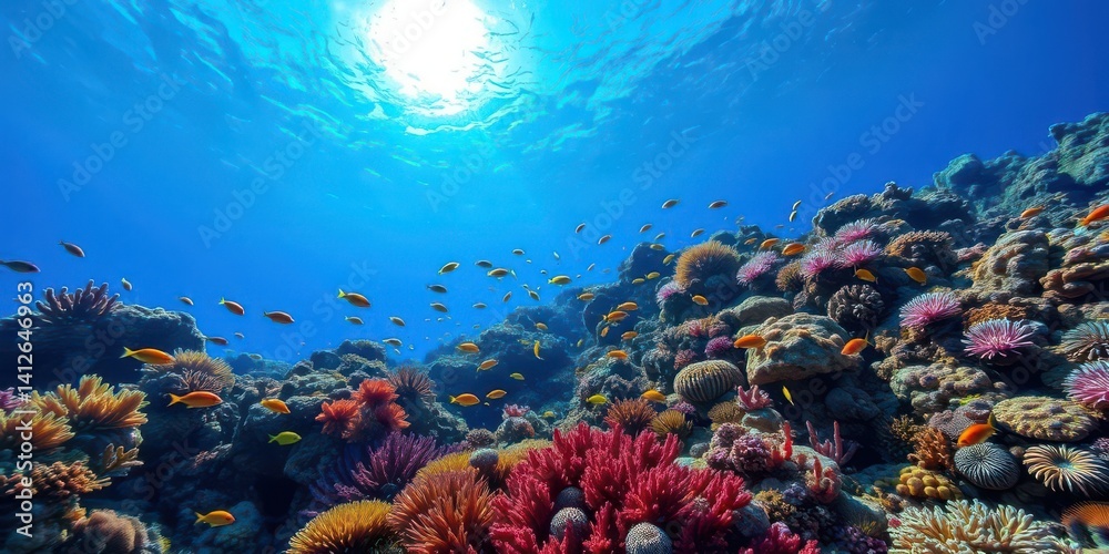 Naklejka premium Sun-drenched coral reef teeming with colorful fish and vibrant invertebrates, wildlife, sunlight