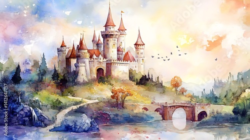 Whimsical castle fantasy sunrise forest realm glowing watercolor illustration storyland kingdom sky image