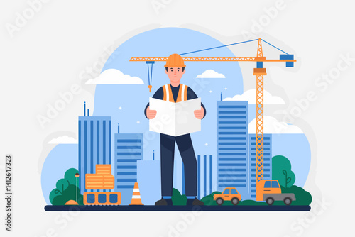 Construction Engineer with Blueprint at Building Site Vector Illustration