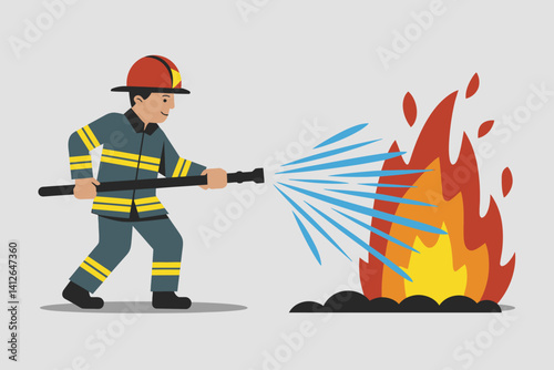 Brave Firefighter Fighting Flames with Water Hose, Safety Illustration