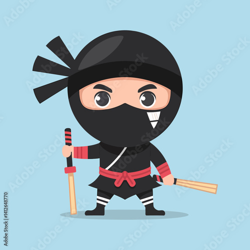 Cartoon Ninja Warrior Character with Swords on Light Blue Background