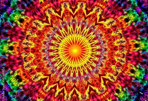 Intricate, radiating fractal pattern with vibrant, chaotic energy, abstract, vivid