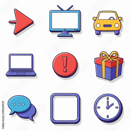 A digital illustration in a bold, cartoonish lettering style with a three-dimensional, layered effect and drop shadows features nine distinct icons arranged in a 3x3 grid against a white background. 