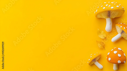 Autumn Decorative Mushrooms On Yellow Background