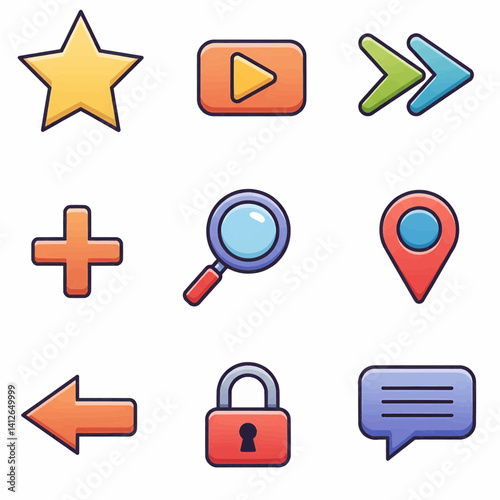 A brightly colored digital illustration with thick black outlines. Nine distinct icons are arranged in a three-by-three grid on a plain white background. Vector Illustration