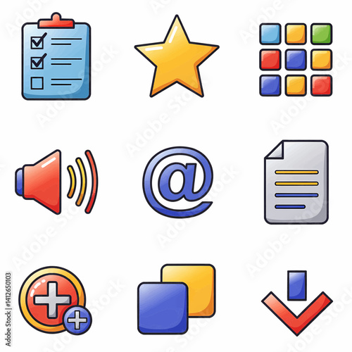 A brightly colored digital illustration with thick black outlines showcases nine distinct icons arranged in a three-by-three grid against a white background. Vector Illustration
