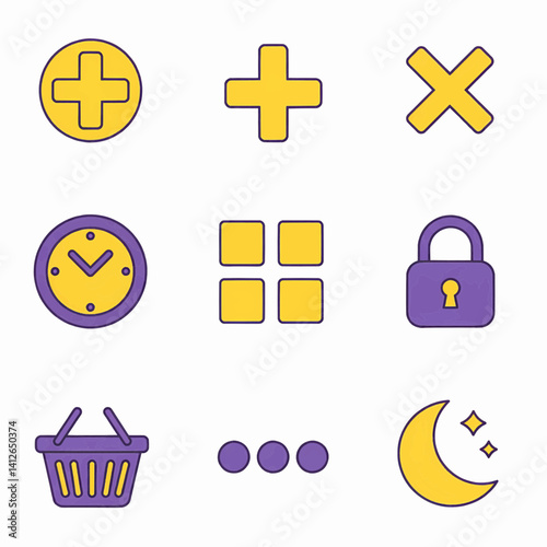A vector-based illustration in a limited palette of bright yellow and medium purple features nine distinct icons arranged in a three-by-three grid against a plain background. Vector Illustration