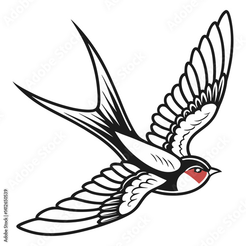 Classic old school swallow tattoo flying with wide open wings. Detailed feathering and touch for vintage tattoo enthusiasts and bird lovers