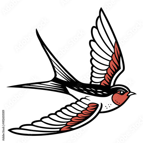 Classic old school swallow tattoo flying with wide open wings. Detailed feathering and touch for vintage tattoo enthusiasts and bird lovers