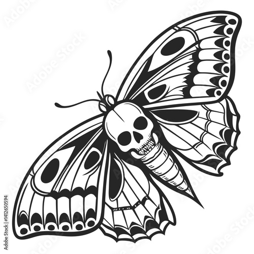 Old school tattoo of moth with skull shaped body and detailed wings, creating striking visual representation of life and death. Black and white tattoo