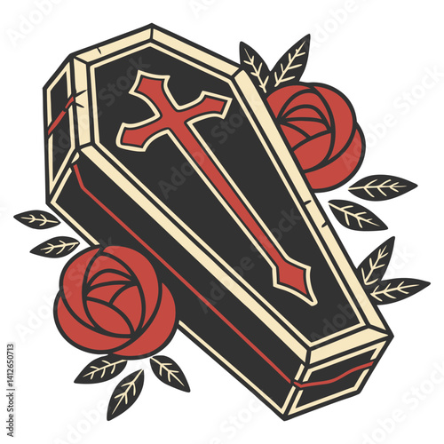 Classic old school tattoo design of black coffin with cross, roses and leaves. Aesthetic of traditional tattoo art