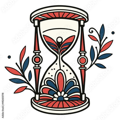 Vintage hourglass with ornate floral decorations in traditional old school tattoo style, showcasing delicate beauty of time's passage with bold lines and vibrant colors