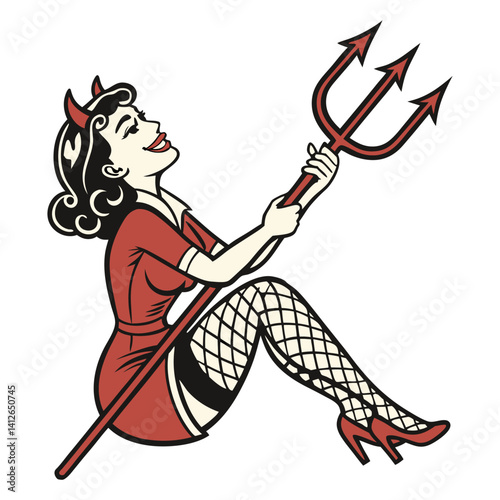Smiling devil girl with horns and red dress is holding a pitchfork and wearing fishnet stockings in this old school tattoo style illustration
