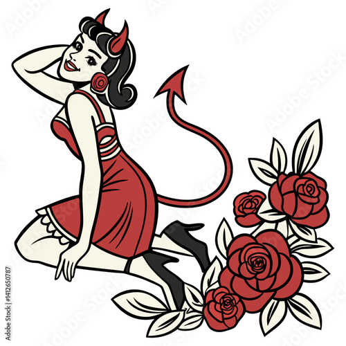 Old school tattoo design featuring a smiling devil girl in a vibrant red dress, kneeling gracefully beside lush red roses, showcasing her pointy tail and mischievous horns
