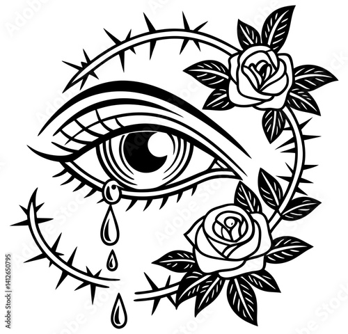 Stylized eye with tears and roses in thorn frame. Old school tattoo design in bold black and white for vintage tattoo art, emotions, symbolism, retro style.