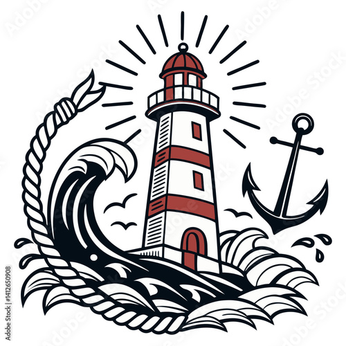 Old school tattoo style lighthouse with light beams, stormy sea, ship's wheel, and anchor in rope border. Classic nautical design.