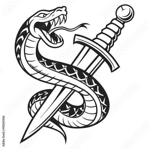 Monochrome vector illustration of aggressive snake wrapped around a dagger. Old school tattoo style, vintage-inspired design, bold symbolism, perfect for tattoo or illustration projects.