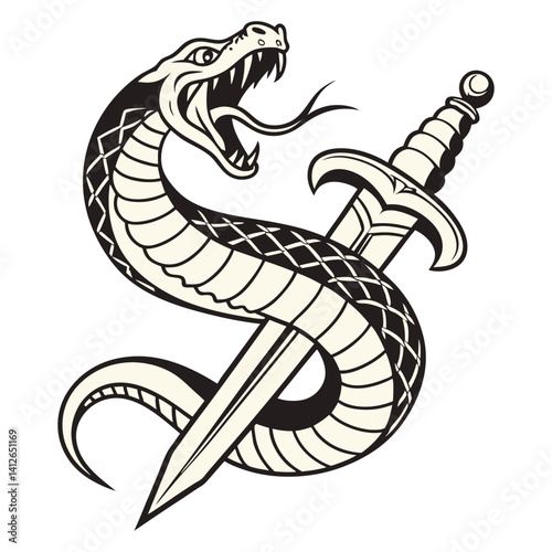 Monochrome vector illustration of aggressive snake wrapped around a dagger. Old school tattoo style, vintage-inspired design, bold symbolism, perfect for tattoo or illustration projects.