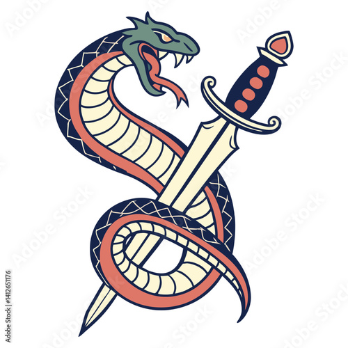 Snake coiling around ornate dagger, displaying fangs and forked tongue. Classic old school tattoo style, raw power, primal danger, bold design, traditional tattoo symbolism.