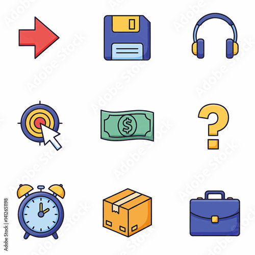 A digital illustration in a bold, cartoonish style with thick black outlines features nine distinct icons arranged in a 3x3 grid against a plain white background. Vector Illustration