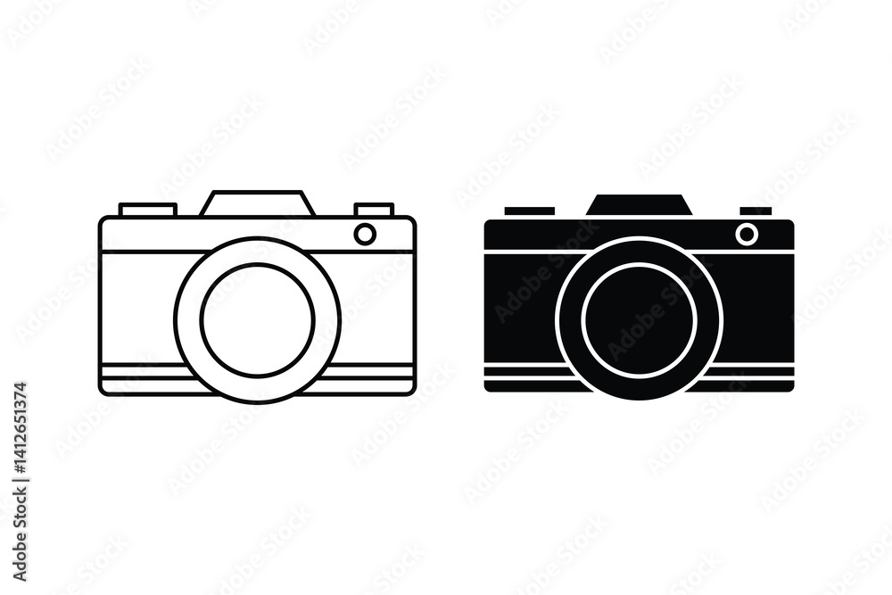 Camera icon pair in black and white, showing compact design with lens detail. Camera icon pair in black and white, showing compact design with lens detail.