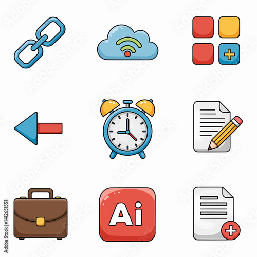 A digital illustration in a bold, cartoonish style displays nine distinct icons arranged in a 3x3 grid on a plain white background. Each icon features flat color application with defined outlines.