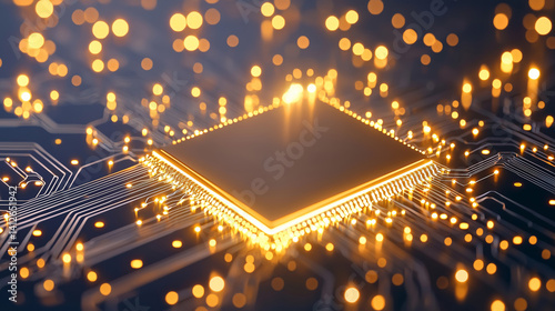 glowing quantum chip is surrounded by intricate circuitry, emitting warm, futuristic light