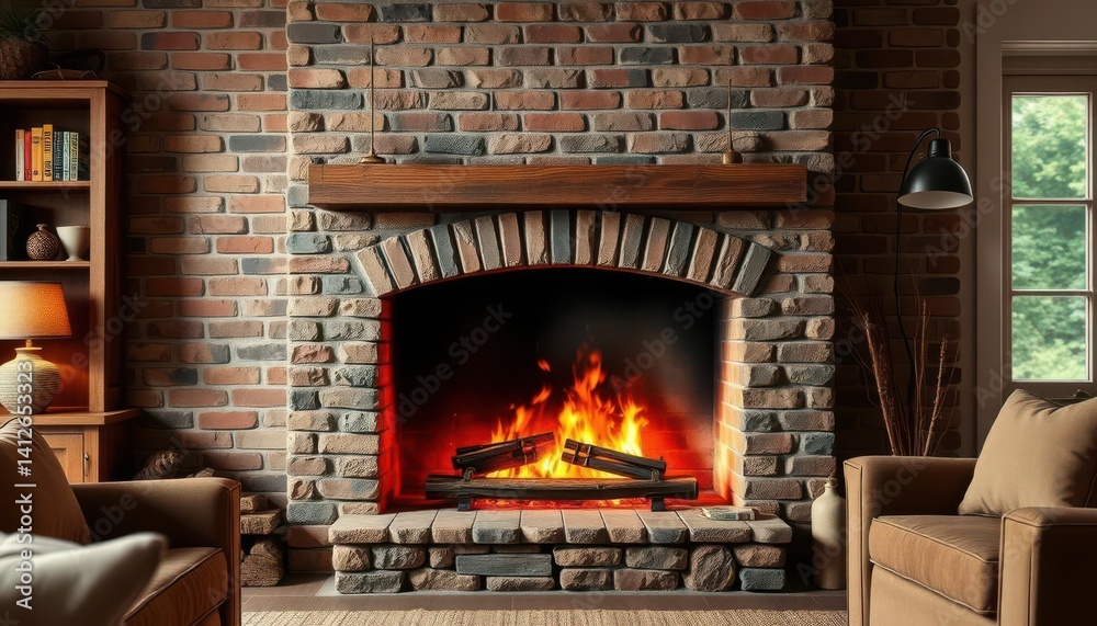 Rustic brick fireplace ablaze, glowing embers in cozy living room, shadow, detail Rustic brick fireplace ablaze, glowing embers in cozy living room, shadow, detail