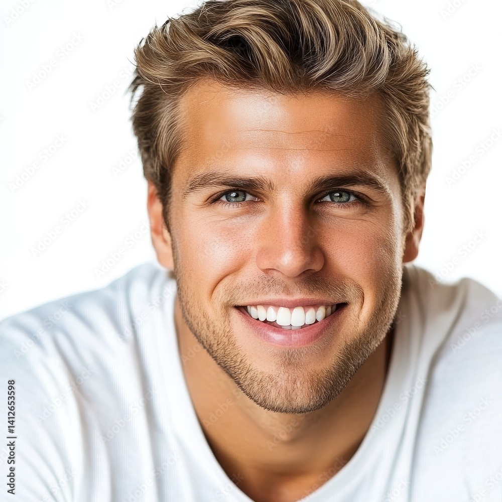 Fototapeta premium A blond European male model with a handsome face and attractive smile is isolated on a transparent background, suitable for poster and publicity design elements