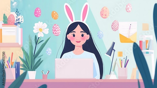 A modern spring office scene with a woman in festive bunny ears surrounded by decorative eggs and cheerful flowers while working