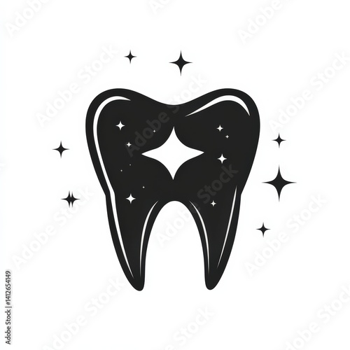 Black Tooth Illustration with Sparkles on White Background