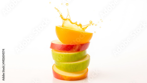 Fresh Fruit Stacked Display with Orange Splashing Juice on Colorful Apple Slices Captured Against a Bright White Background