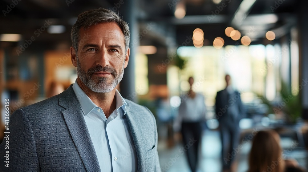 Fototapeta premium A friendly middle-aged man in a modern office setting exudes confidence and professionalism. The blurred background features colleagues in a vibrant workspace.