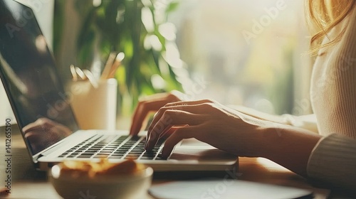 A professional typing on a laptop with a light snack beside them, maintaining balance during a remote workday.