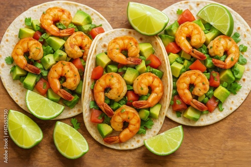 Shrimp Tacos With Avocado and Lime Served on Wooden Table for a Fresh and Vib...
