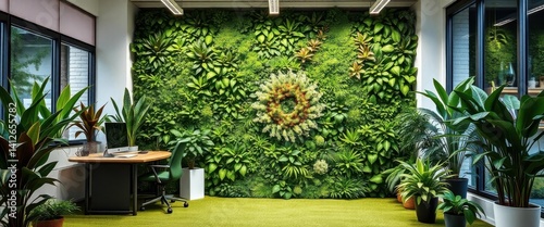 Modern eco office with vibrant living green wall, eco-friendly office,  serene photo