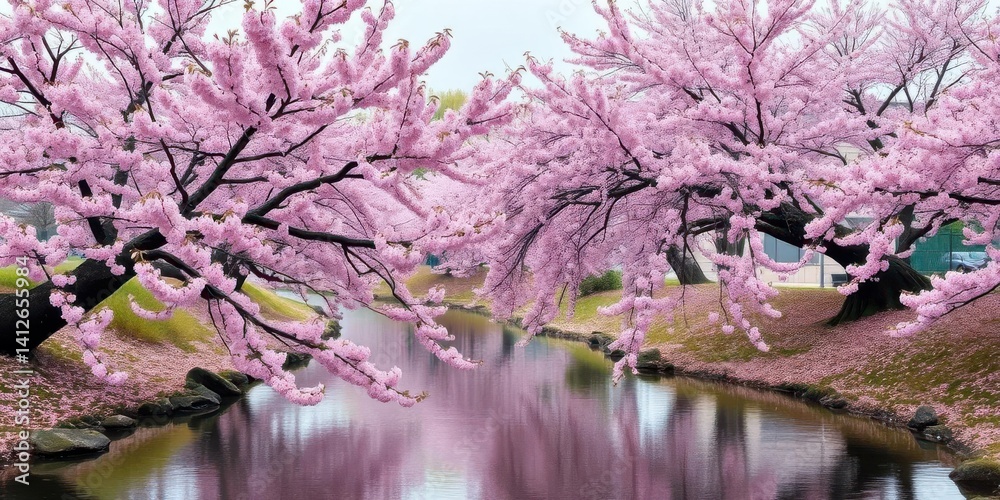 Pink cherry blossoms raining on tranquil stream, serene park, spring, relaxing Pink cherry blossoms raining on tranquil stream, serene park, spring, relaxing