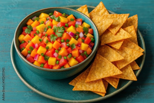 Fresh Mango Salsa Served With Crispy Tortilla Chips on a Turquoise Plate
