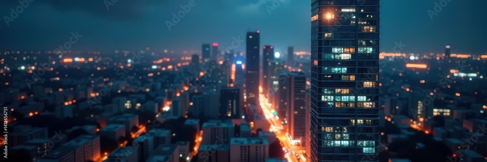 Obraz premium Towering modern building, blurred city lights , panoramic, texture