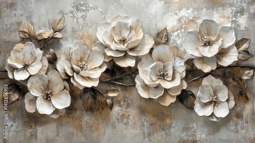 Cream Beige Brown Textured 3D Flowers Painting