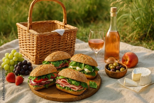 Enjoying a Sunny Picnic With Delicious Sandwiches, Fresh Fruit, and Refreshin...