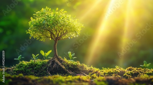 Earth Day eco concept with tropical forest background, natural forestation preservation scene with canopy tree in the wild, concept on sustainability and environmental renewable.