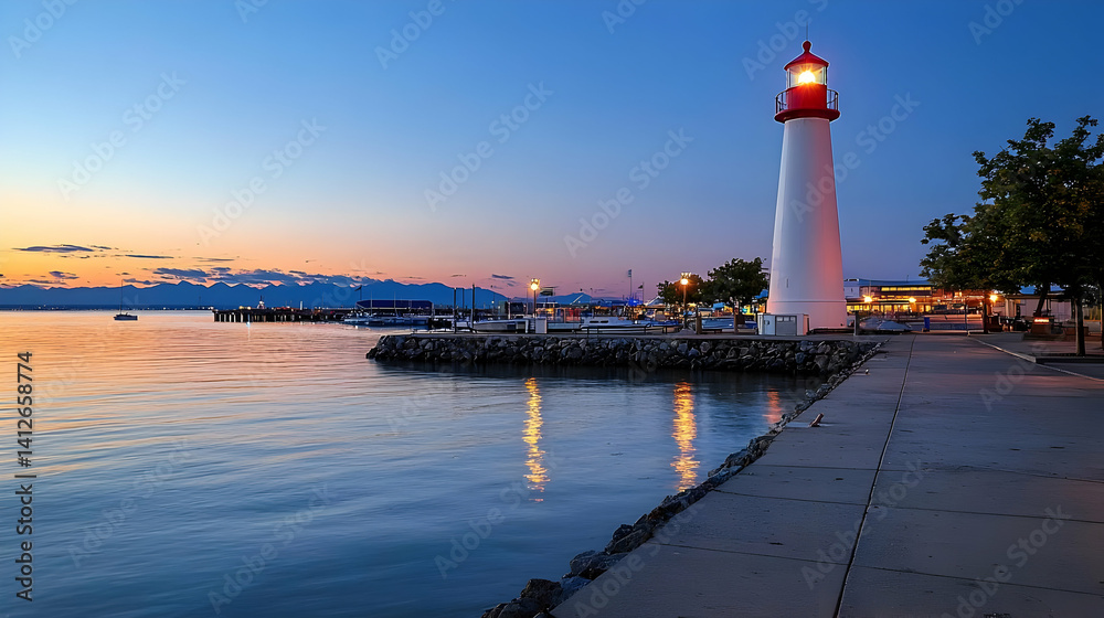 Lighthouse At Dusk On Coastal Shore With Pier Reflections Lighthouse At Dusk On Coastal Shore With Pier Reflections